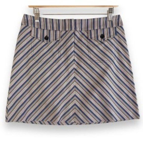 Trina Turk Los Angeles Women's Mini Skirt 6 Blue Tan Pink Stripe Button Pockets - Picture 1 of 8